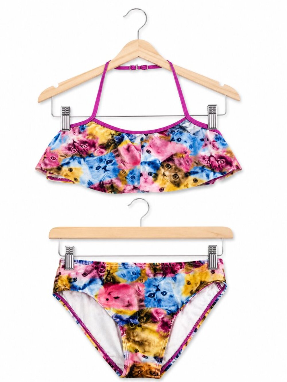OP Ocean Pacific Girls Cat Print Ruffle Halter Bikini Set Multicolor Size M 7-8